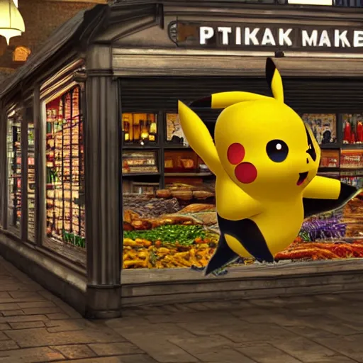 Image similar to unreal 5 render ultradetail of pikachu in an old english market place the style of the scream,