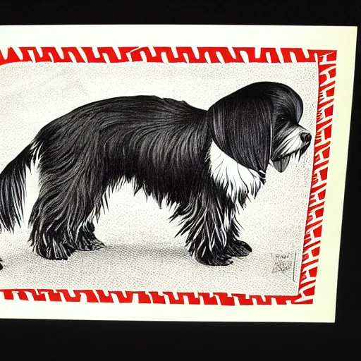 Prompt: Tlingit Haida lithographic, havanese dog red and black white only, lithograph print