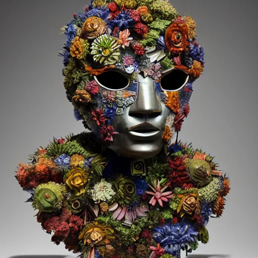 Prompt: a sculpture of a robot wearing a mask made of flowers, by annie swynnerton and diego rivera, symbolist, dramatic lighting, elaborate geometric ornament, art brut, soft cool colors, smooth, sharp focus, extremely detailed, adolf wolfli
