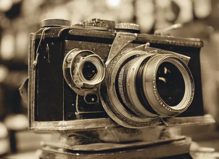 Prompt: a photo from the 1 9 7 0 s of an old camera in an antiques store