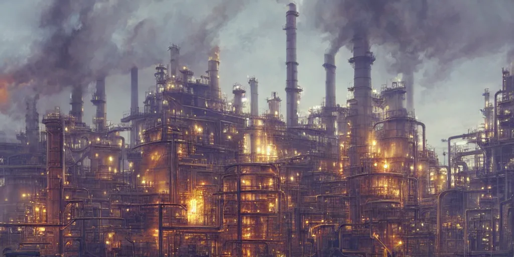 Image similar to detailed, gigantic refinery, smoke, torch, morning, science fiction, greg rutkowski, james gurney, artstation