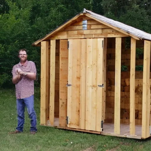 Image similar to man in a dress builds a wooden shed out of pallets diy tools nikon dslr detailed