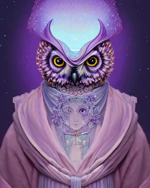 Prompt: anthropomorphic art of an owl king, in a lilac royal robe, stars and galaxies, by artgerm, victo ngai, ryohei hase, artstation, highly detailed digital painting, smooth, global illumination, fantasy art by greg rutkowsky, karl spitzweg, leyendecker