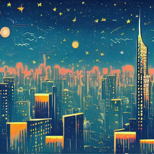 Prompt: a painting of a night sky with skyscrapers, poster art by tim biskup, behance contest winner, space art, poster art, wallpaper, digital illustration