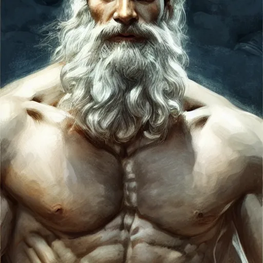 Image similar to painted portrait of rugged zeus, greek god, white hair, masculine, mature, handsome, upper body, muscular, hairy torso, fantasy, intricate, elegant, highly detailed, digital painting, artstation, concept art, smooth, sharp focus, illustration, art by gaston bussiere