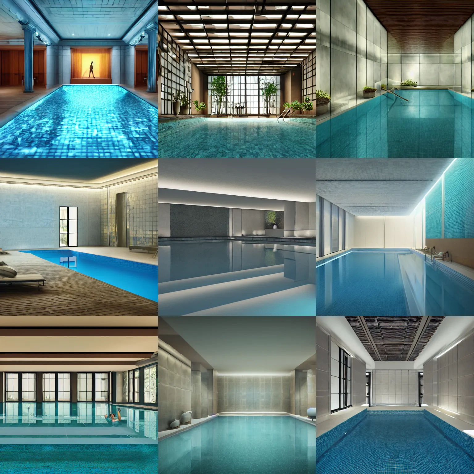 Prompt: liminal space of infinite indoor pool, ambient lighting, 3 d render, highly detailed, tiles, clean, 8 k, cinematic, backrooms, photorealistic