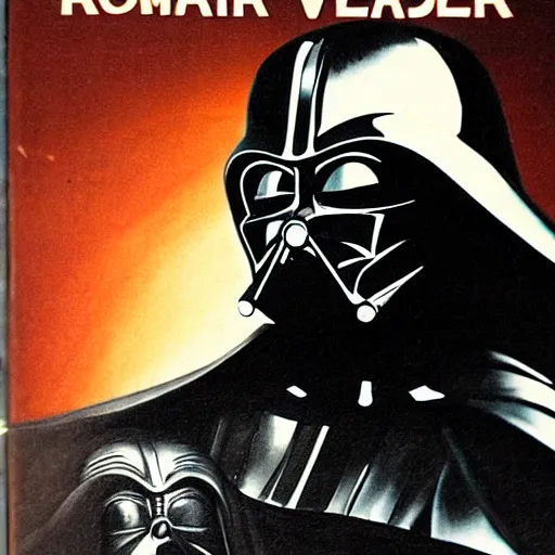 Prompt: a romance novel cover from 1 9 8 3, paperback, drawing, darth vader, yoda on the cover, romantic