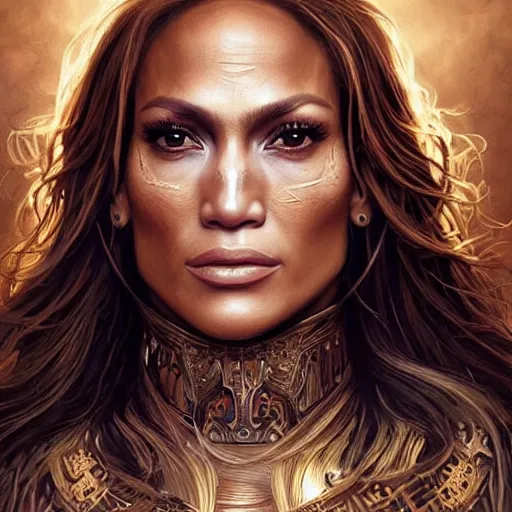 Image similar to portrait of Jennifer Lopez as a warrior woman, looking at camera, D&D, intricate, elegant, stylish, cute smile, mouth slightly open, fantasy, extremely detailed, digital painting, artstation, concept art, smooth, sharp focus, illustration, stunning lighting, art by artgerm and greg rutkowski and alphonse mucha and simon stalenhag.