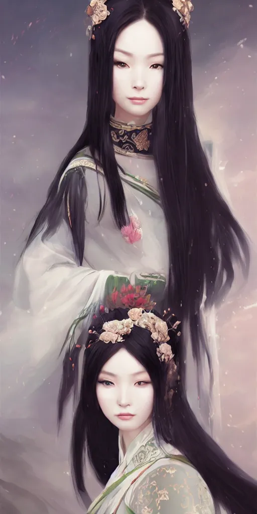 Image similar to ancient chinese princess, elegant, long black hair, highly detailed, anime, artstation, concept art, art by wlop and miyazaki