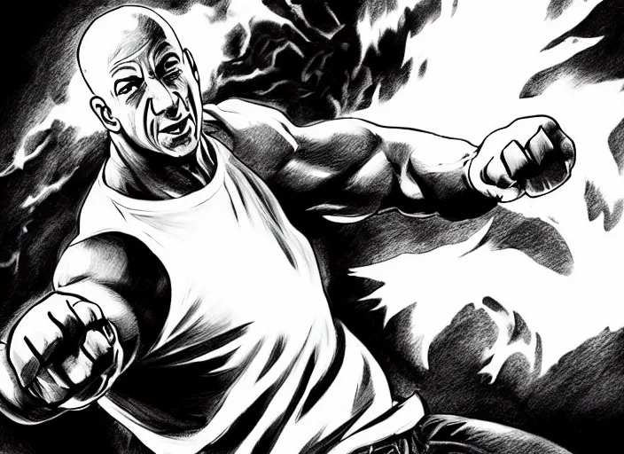 Prompt: vin diesel as saitama punching a car, hyperrealism