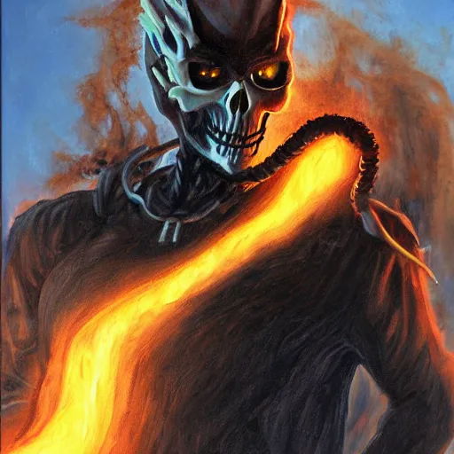 Image similar to Ghost Rider oil painting, 8K, study light