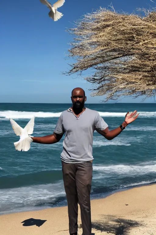 Image similar to a full - height photo of a black masculine man standing near an ocean, holding a white pigeon