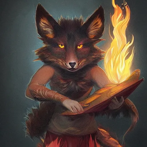 Image similar to male kitsune furry with dark fur, carries a tome, surrounded by floating fire orbs, shortsword, charismatic, young, dark clothing, elegant, digital illustration, detailed, intricate, sharp focus, digital painting, deep focus, digital painting, artstation, concept art, matte, art by artgerm and greg rutkowski and alphonse mucha