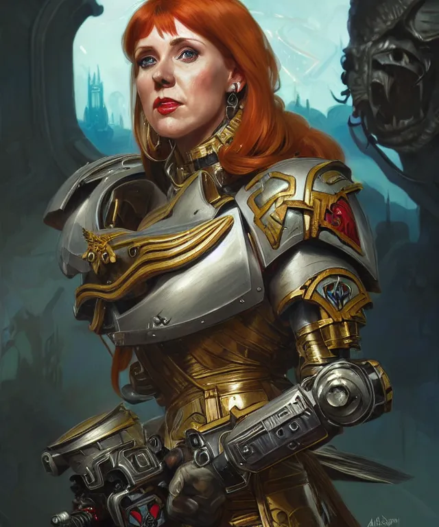 Image similar to Angela Rayner as a Warhammer 40k Battle Sister, portrait, fantasy, intricate, elegant, highly detailed, digital painting, artstation, concept art, smooth, sharp focus, illustration, art by artgerm and greg rutkowski and alphonse mucha