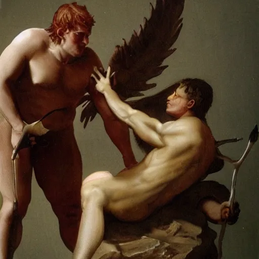 Image similar to persone gives part of his body to cupido. cupido is devil.