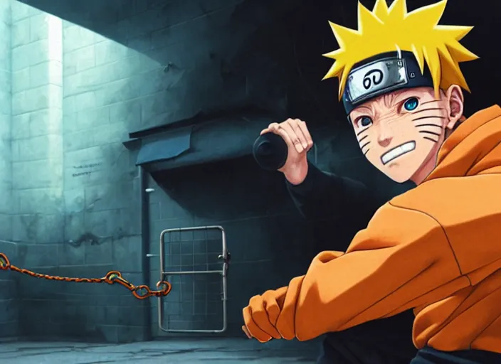 Image similar to highly detailed portrait of naruto uzumaki with black hair punching a wal behind bars in prison, unreal engine, fantasy art by greg rutkowski, loish, rhads, ferdinand knab, makoto shinkai and lois van baarle, ilya kuvshinov, rossdraws, tom bagshaw, global illumination, radiant light, detailed and intricate environment