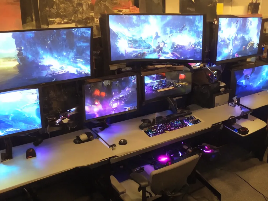 Prompt: multiple screen gaming desk with joysticks and keyboard. photo. rgb lights.