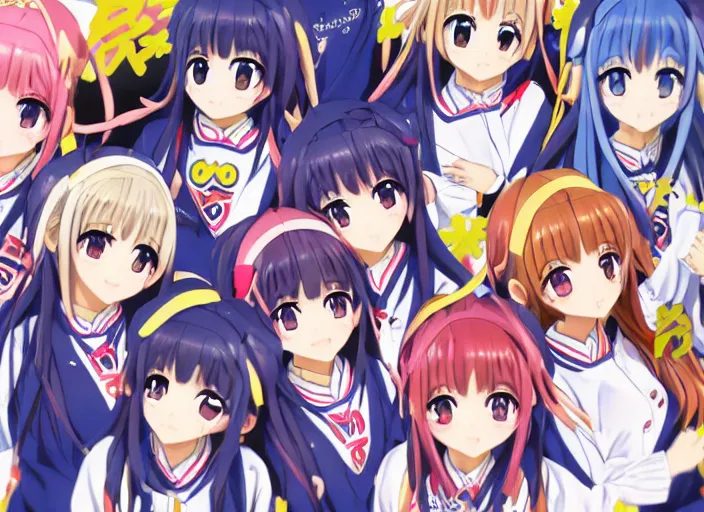 Image similar to moe anisong album ; weekly shonen jump issue 1 4, cover, 2 0 0 0 clannad shuffle toheart event'anime pattern of illustration japanese very very beautiful cute girls doing cute things trending on artstation pixiv makoto shinkai smiling super detailed eyes eyebrowless symmetry face visual novel hairpin star