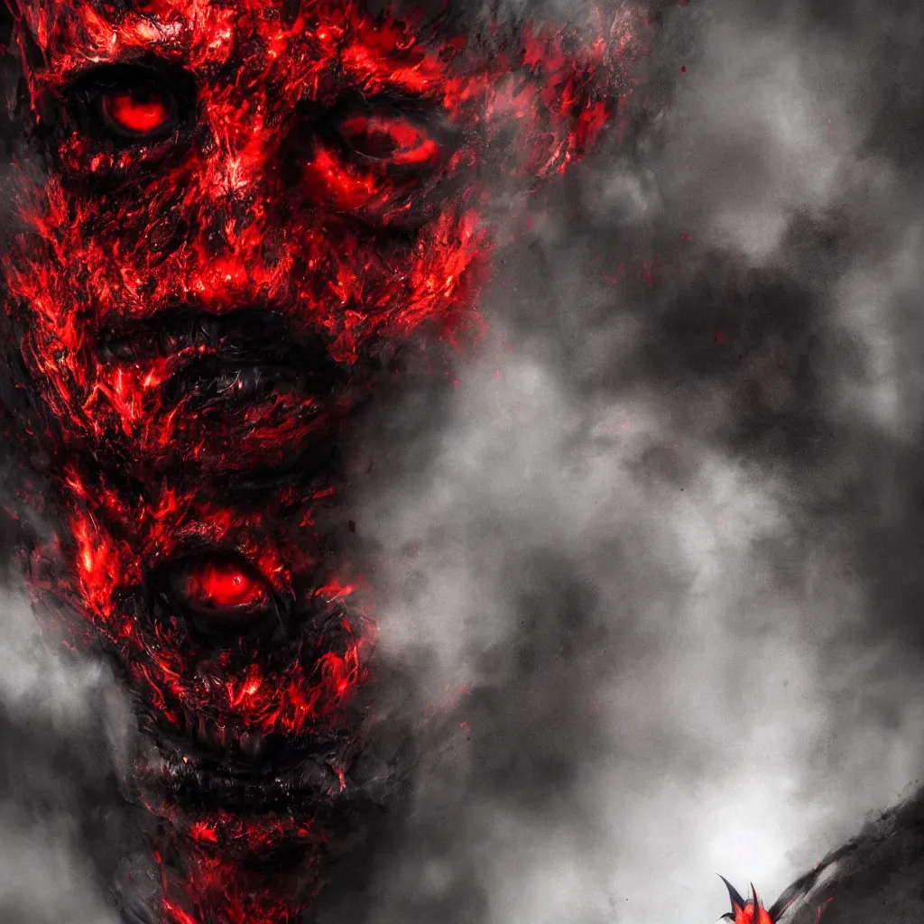 Prompt: a menacing and scary devil face,red and black and luminous with bloodshot eyes against a hellish background with a lot of smoke, darkart, hyperdetailed, hyperealistic, cinematography, 16k,3D, Artstation, very beautiful