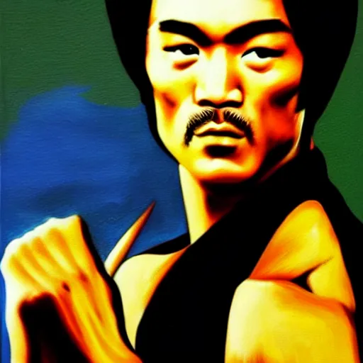 Prompt: bruce lee painted in the style of the mona lisa