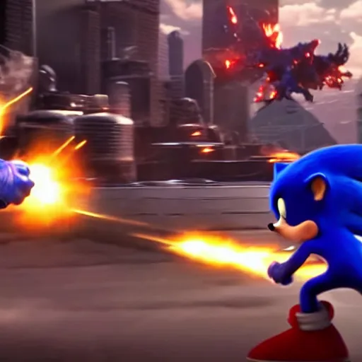 Prompt: The famous scene in the Avengers when Sonic the Hedgehog finally arrived to the fight and beat Thanos, 4k, 8k, HDR