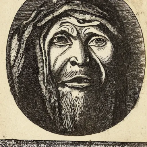 Image similar to A 17th Century beggar, with the letter B carved on his forehead, filthy, haggard, no teeth, dirty hair, woodcut, Breughel