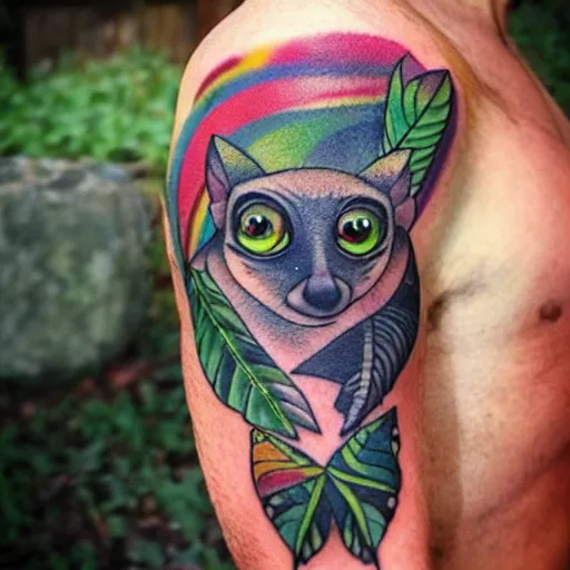 Image similar to shoulder tattoo of a multicolored trippy furry cute bushbaby with rainbow colored spiral eyes, surrounded with colorful shrooms and flowers, marihuana leaves, insanely integrate