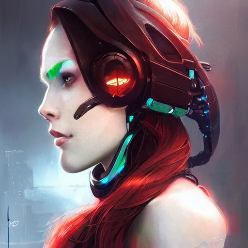 Prompt: a portrait of a beautiful cyborg girl, red hair, glowing green eyes, urban motifs, intricate, elegant, highly detailed, digital painting, trending on artstation, concept art, smooth sharp focus, illustration, art by artgerm and greg rutkowski