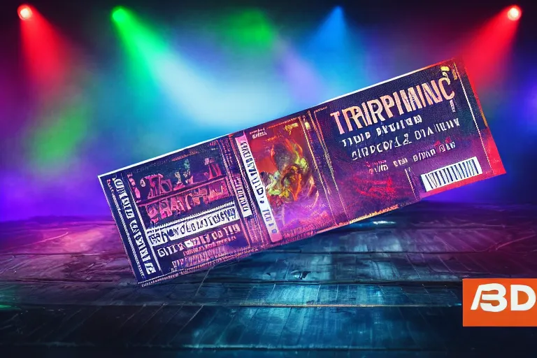 Image similar to photoshop mockup of a concert ticket on a table, bandname is tripmachine, realistic digital art, on the ticket is a 3 d render of a huge futuristic steampunk generator, 8 k, fluorescent colors, halluzinogenic, multicolored, exaggerated detailed, unreal engine