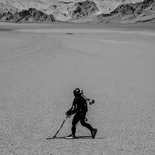 Image similar to a scuba diver with fins on his feet is walking through death valley, bright sunny day, photography, highly detailed, high quality,