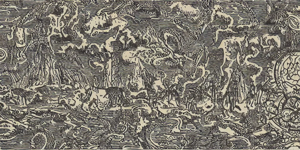 Prompt: scan of old symmetrical patterned wallpaper showing hay creatures and cryptic occult alpine symbols and dolomites, wood engraving