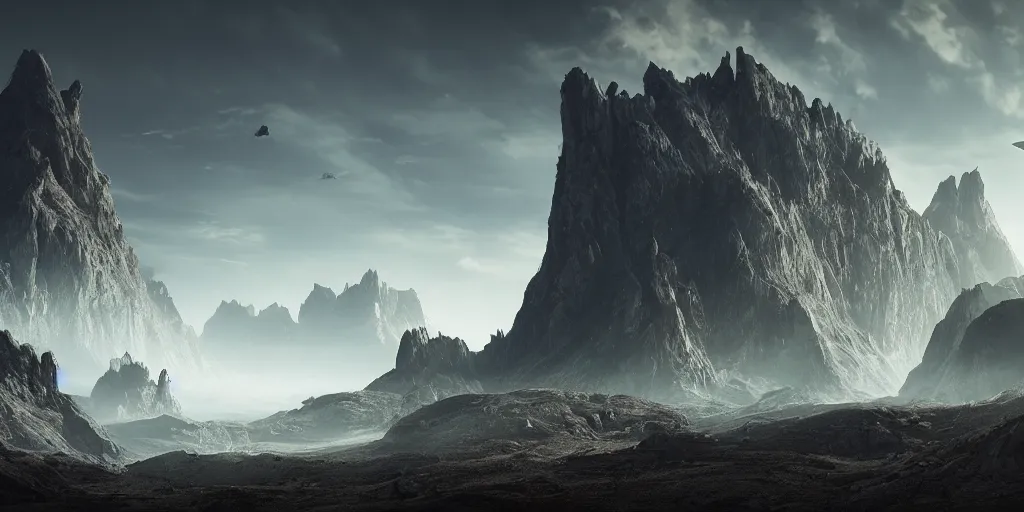 Image similar to alien environment with epic mountains and cliffs by james clyne, epic lighting, cinematographic, 8 k, award winning, ultra detailed