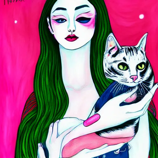 Prompt: woman holding a cat, by harumi hironaka