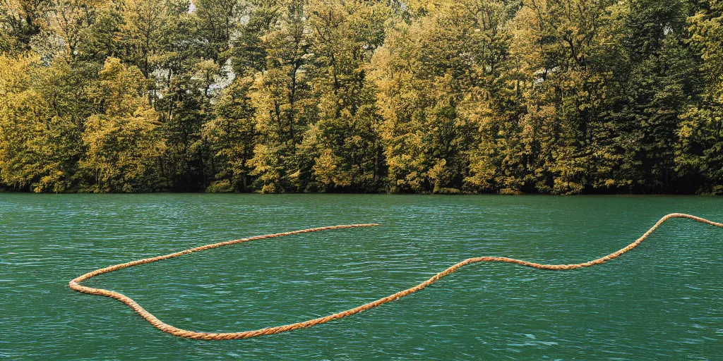 Image similar to symmetrical color photograph of a very long rope on the surface of the water, the rope is snaking from the foreground stretching out towards the center of the lake, a dark lake on a cloudy day, trees in the background, anamorphic lens