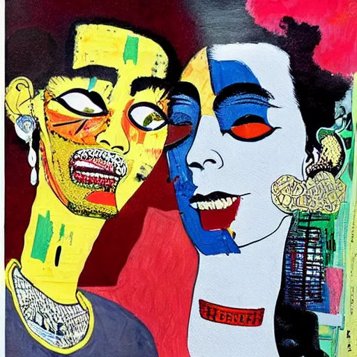 Image similar to beautiful painting of two bizarre psychedelic women kissing each other closeup in japan, speculative evolution, mixed media collage by basquiat and junji ito, magazine collage art, paper collage art, sapphic art, lesbian art