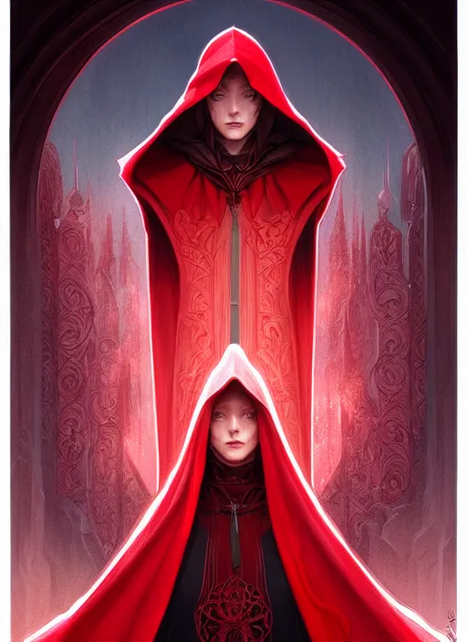 Image similar to symmetry!! portrait of a red hooded wizard, fantasy, intricate, elegant, highly detailed, digital painting, artstation, concept art, smooth, sharp focus, illustration, art by artgerm and greg rutkowski and alphonse mucha