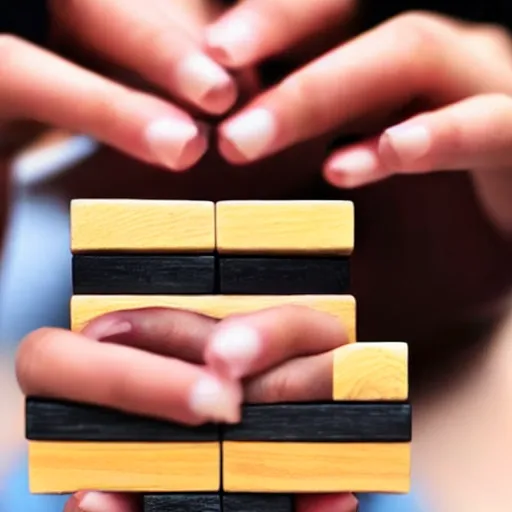 Image similar to photo of a girl's hand with beautiful fingernails made out of jenga blocks