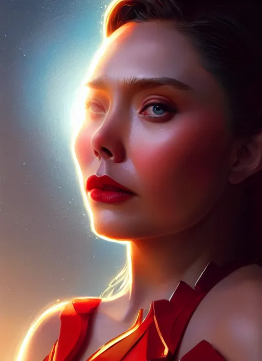 Image similar to portrait of modern darna, elizabeth olsen, intricate, elegant, glowing lights, highly detailed, digital painting, artstation, glamor pose, concept art, smooth, sharp focus, illustration, art by wlop, mars ravelo and greg rutkowski