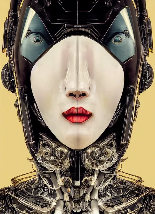 Image similar to close up portrait of a futuristic geisha cyborg, in the style of ghost in the shell, kintsugi, modern fine art, fractal, intricate, elegant, highly detailed, digital photography, richard avedon and greg rutkowski,