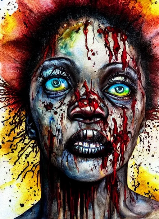 Image similar to african american zombie hollywood artwork professional acting headshot, hyperrealism, intricate detail, studio lighting, charming expression gesicht, hauntingly beautiful zombie, watercolor art, epic, legendary, drawn and painted, colored layers, dulled contrast, exquisite fine art, splatterpaint