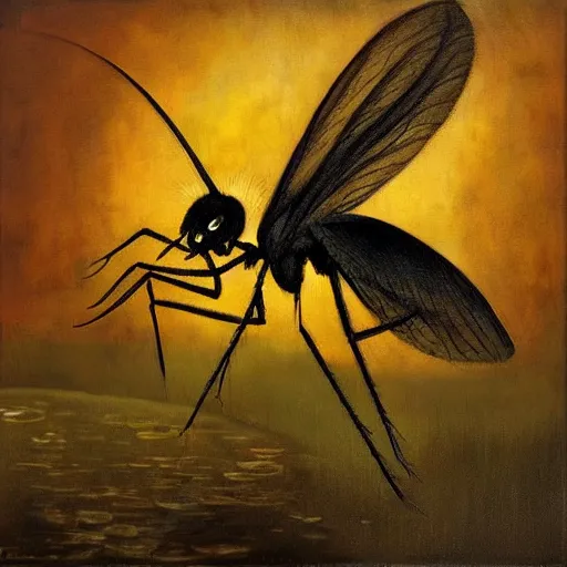 Prompt: an oil painting of a mosquito drinking from a dark pool by esao andrews. circa survive album cover art. dark. muted colors. gothic. oil painting with brush strokes. creepy.