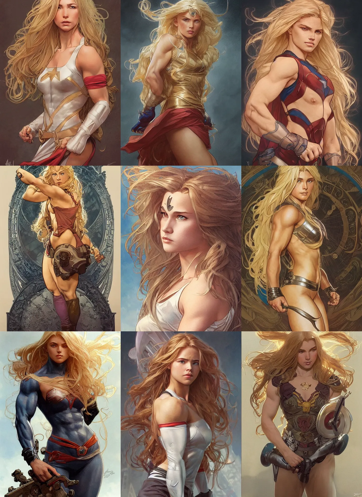 Prompt: a very muscled and young superhero girl with a focused face and extremely long blonde wavy hair, intricate detailed face, artgerm, greg rutkowski, alphonse mucha