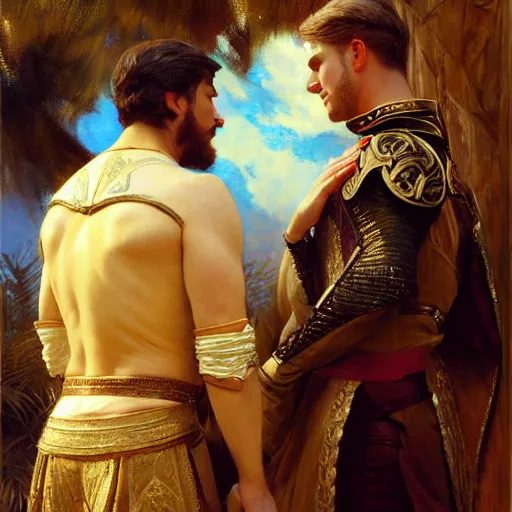 Image similar to attractive fully clothed king confesses his love for his attractive fully clothed male prince. highly detailed painting by gaston bussiere, craig mullins, j. c. leyendecker 8 k