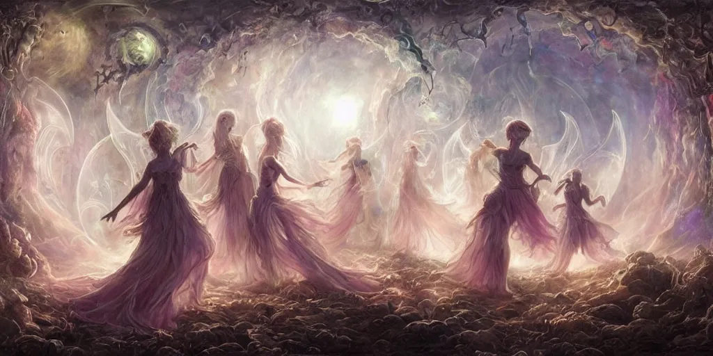 Image similar to concept art of translucent glowing fairies dancing, lovecraftian, renaissance, melting, round moon, rich clouds, fighting the horrors of the unknown, very detailed, volumetric light, mist, fine art, decaying, textured oil over canvas, epic fantasy art, very colorful, ornate intricate scales