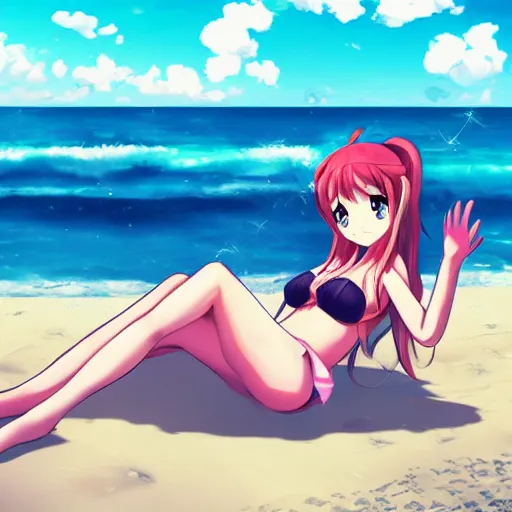 Image similar to monika of doki doki literature club relaxing at the beach | gelbooru image database | sankakucomplex image database | shuushuu image database | safebooru digital art image | trending on instagram | behance colored background stunning | konachan 1 0 8 0 p wallpaper