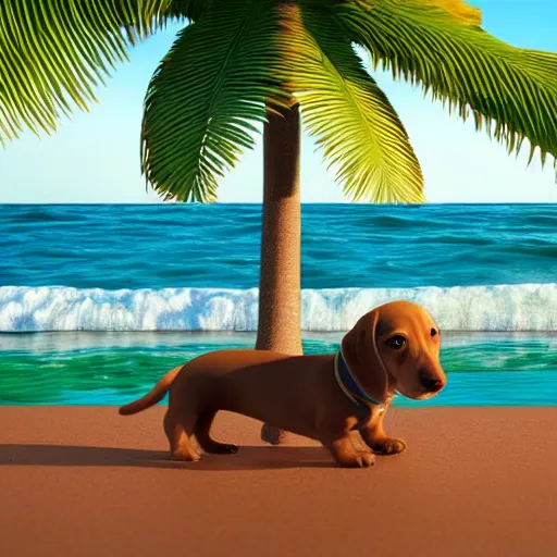 Prompt: cute daschund puppy wearing sunglasses on a surfboard riding a wave with palm tree beach in the background detailed 3d pixar render