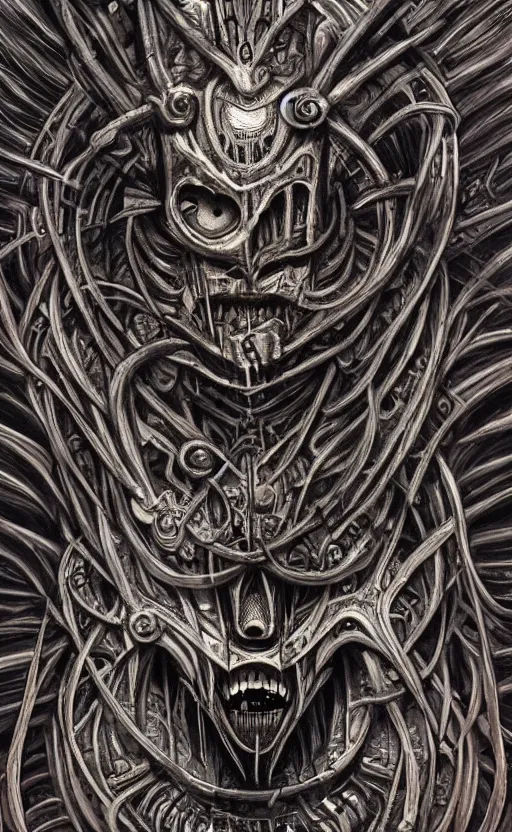 Prompt: H.R. Giger and Elden Ring themed painting of ancient hybrid majestic aztec warrioor fantasy biomechanical human beautiful angel symmetrical face angry mask closeup face mask tattoo pattern golden ratio concept, deep forest psytrance Neo-Gothic concept, infinity glyph waves, intricate artwork masterpiece, very coherent artwork, cinematic, full frontal facial features by Artgerm, Takato Yamamoto, Zdizslaw Beksinski, Johnatan Wayshak, Moebius, Ayami Kojima, very coherent artwork, trending on cgsociety, ultra high quality model, production quality cinema model, high detail chromatic ink outline, octane render, unreal engine 8k, hyper realism, high detail, octane render, unreal engine, 8k, High contrast