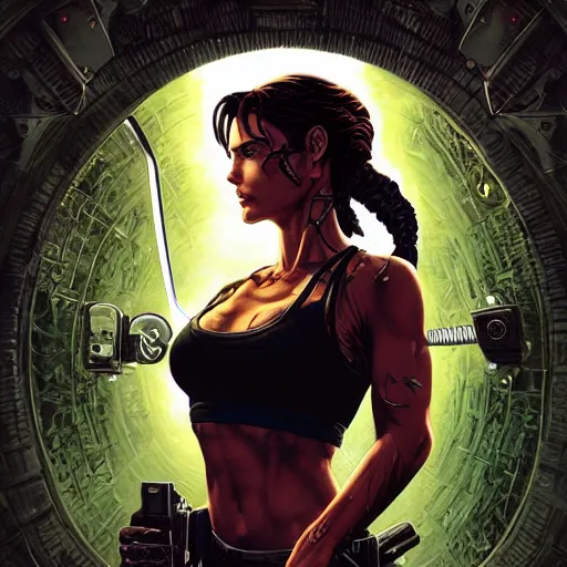 Prompt: portrait of crazy lara croft, symmetrical, cinematic colors, by yoichi hatakenaka, masamune shirow, josan gonzales and dan mumford, ayami kojima, takato yamamoto, barclay shaw, karol bak, yukito kishiro