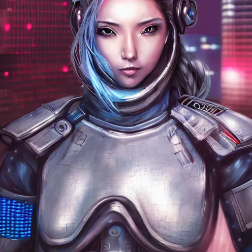 Image similar to An epic fantastic ultrarealism comic book style portrait painting of a female cyberpunk armor samurai, tzuyu ultradetailed face by Artgerm, blue and ice silver color armor, cyberpunk feel raining at tokyo rooftop, Concept world Art, unreal 5, DAZ, 8k, hyperrealistic, octane render, cosplay, RPG portrait, final fantasy artwork concept, dramatic lighting, rim lights