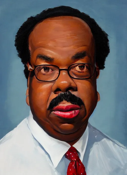 Image similar to ( ( ( portrait of leslie david baker as stanley hudson of the office television series ) ) ) by igor kazarin, head to waist, light coming from the right side, red background,